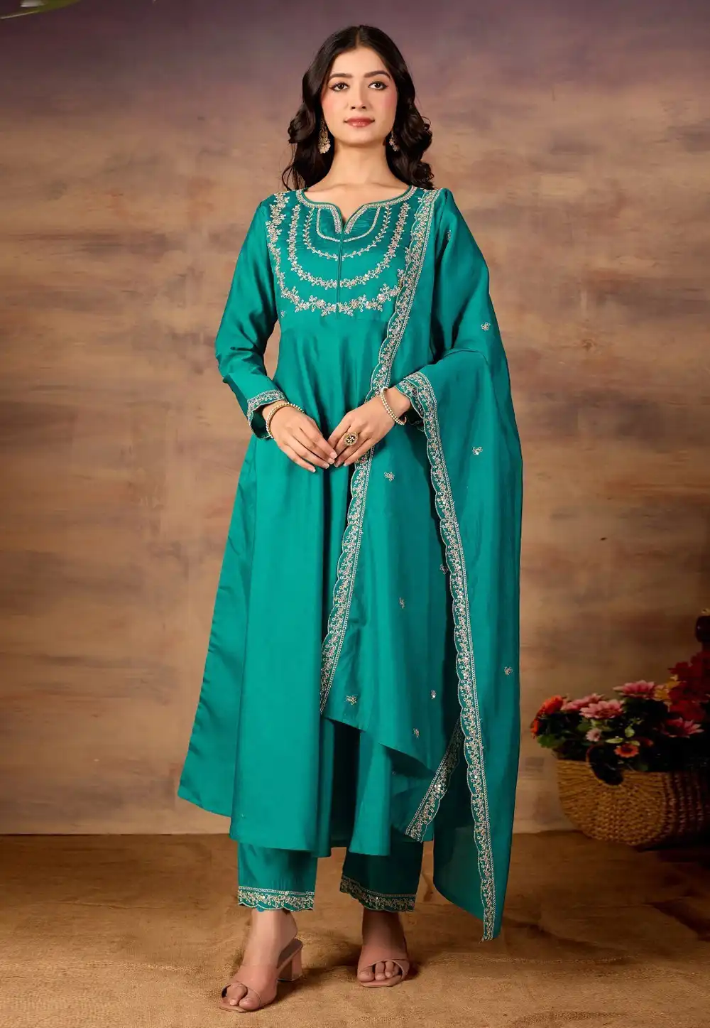 Turquoise Silk Readymade Anarkali Suit 323264