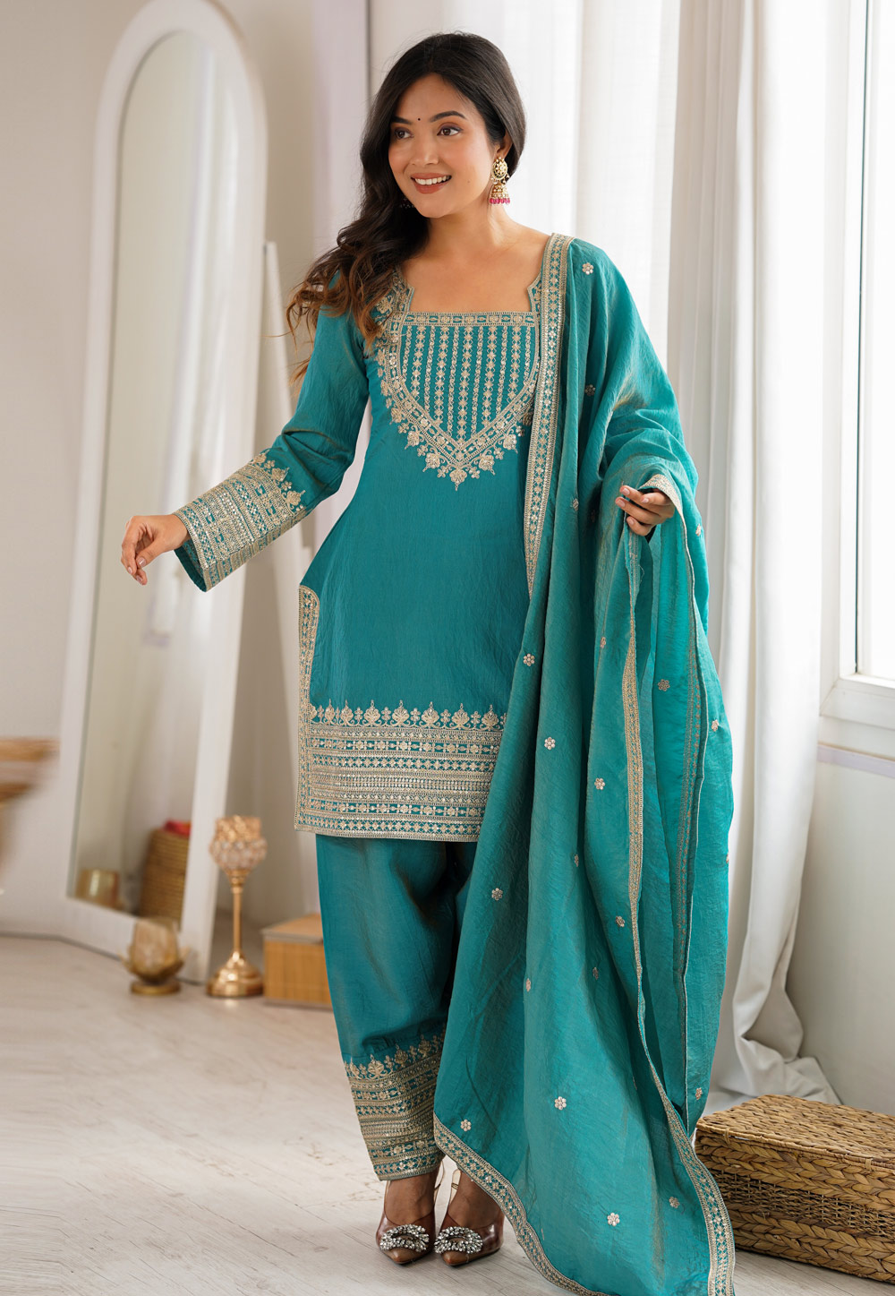 Turquoise Silk Readymade Pant Style Suit 330197