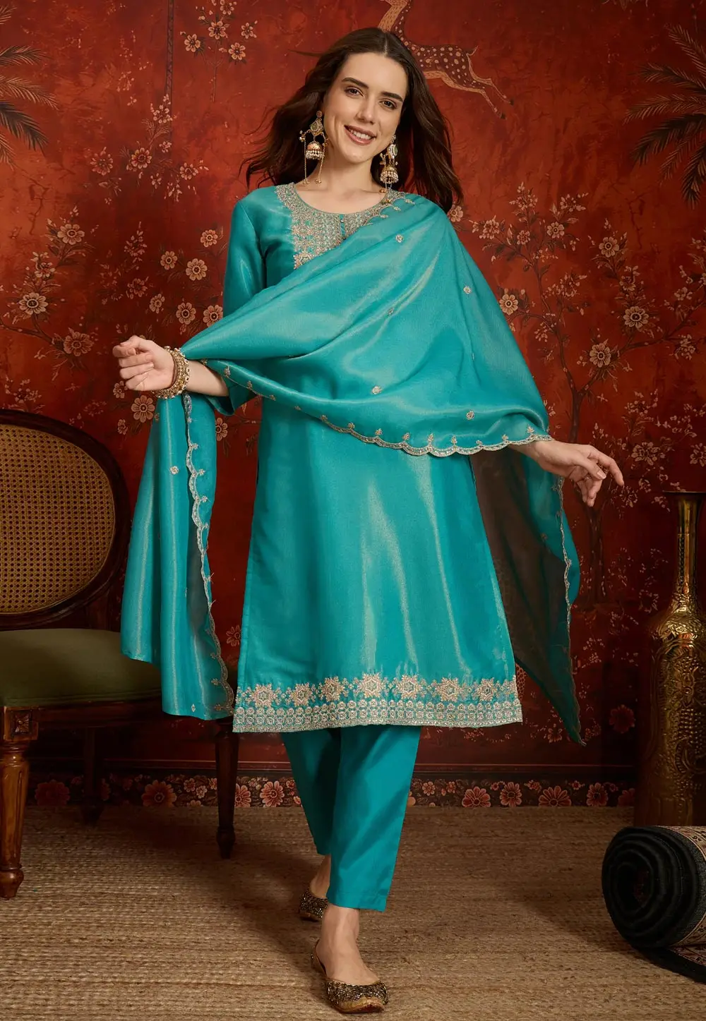 Turquoise Silk Readymade Pant Style Suit 337008