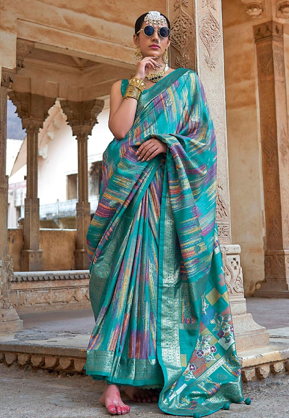 Turquoise Silk Saree With Blouse 318450