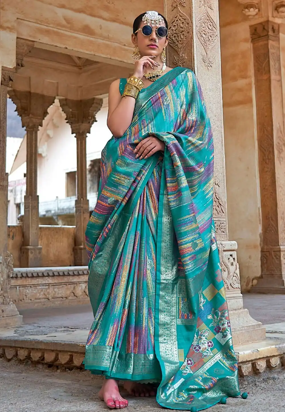 Turquoise Silk Saree With Blouse 318450