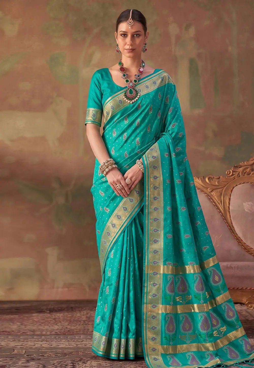 Turquoise Silk Saree With Blouse 333133