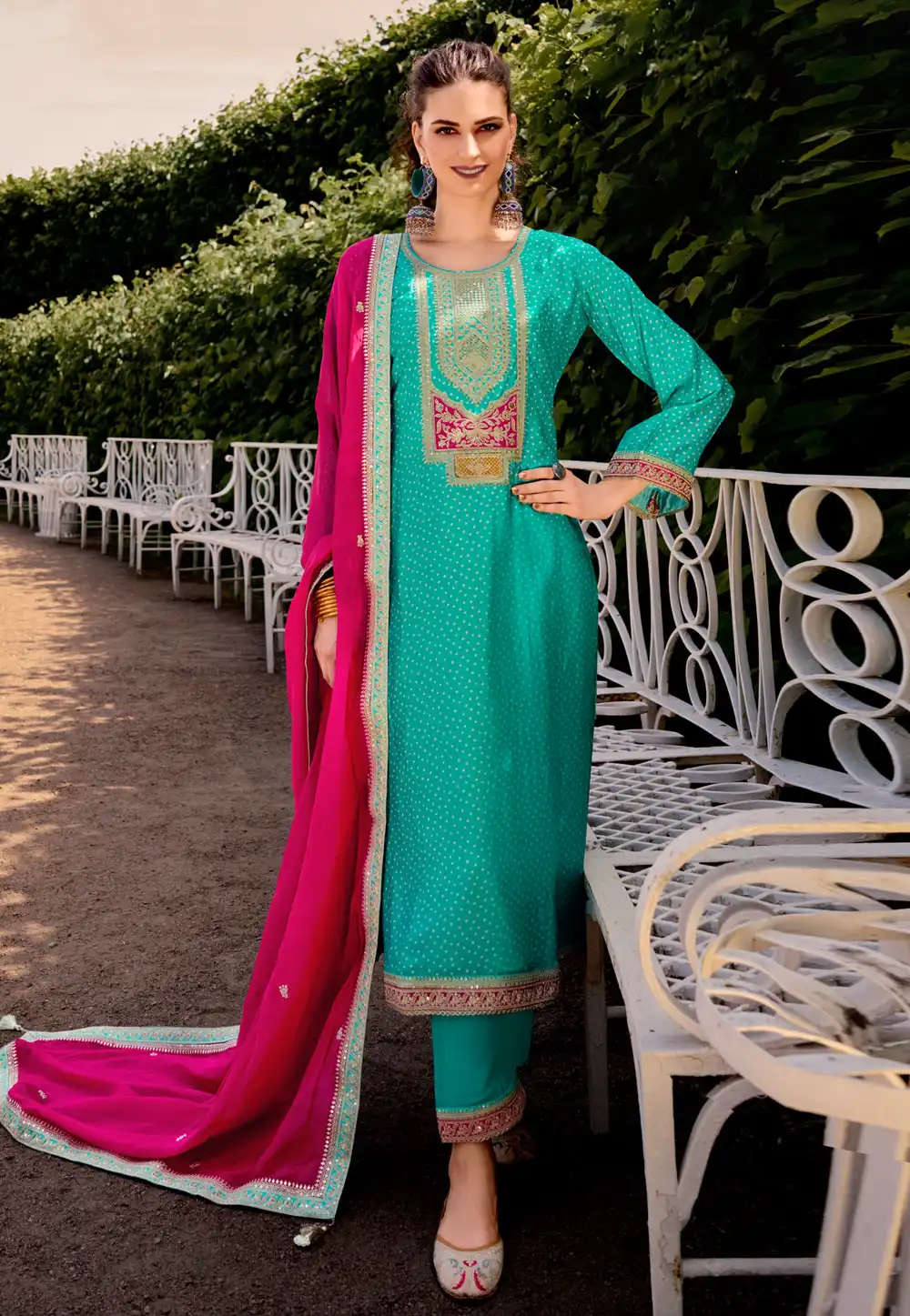 Turquoise Silk Straight Suit 328864