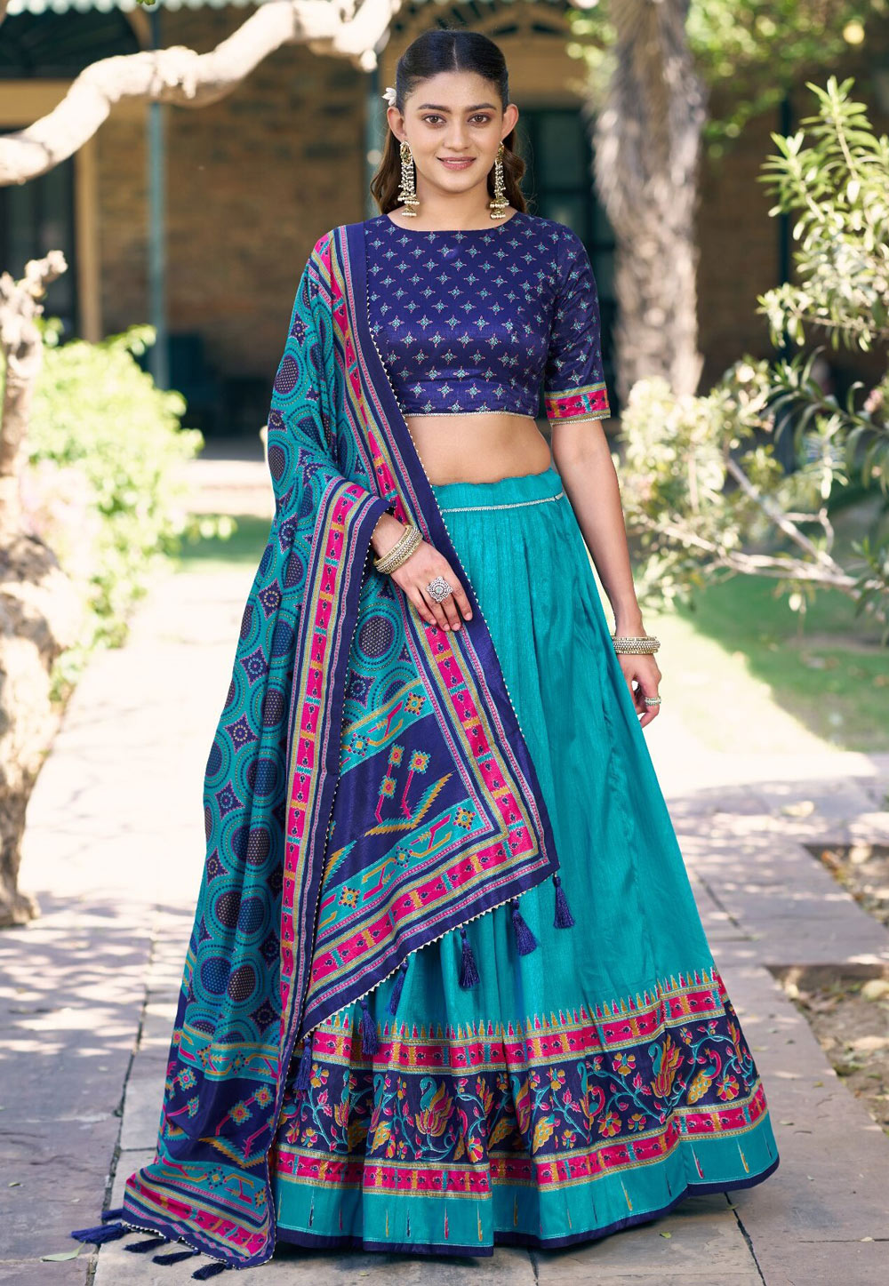 Turquoise Tussar Silk Lehenga Choli 329085