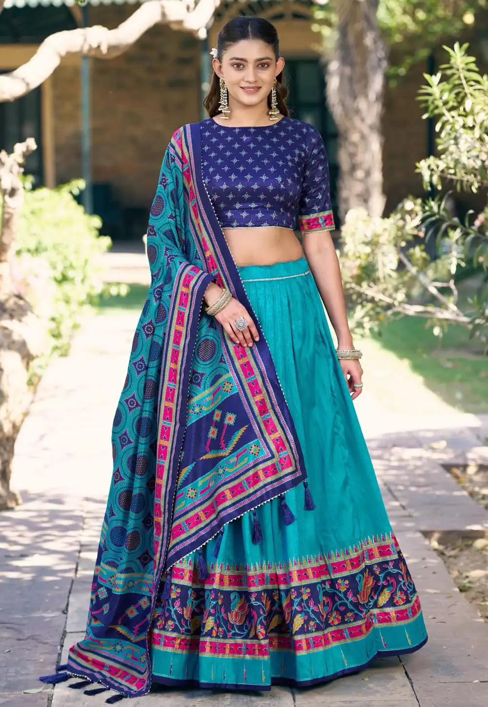 Turquoise Tussar Silk Lehenga Choli 329085