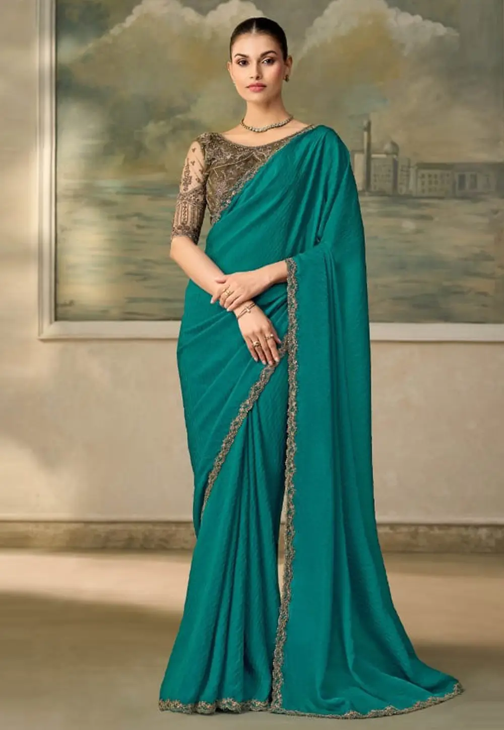 Turquoise jacquard Saree With Blouse 333667
