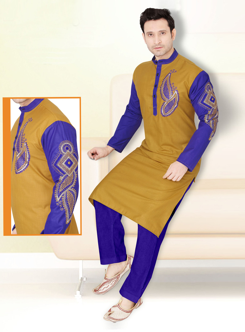 Mustard Cotton Readymade Kurta Pajama 136563