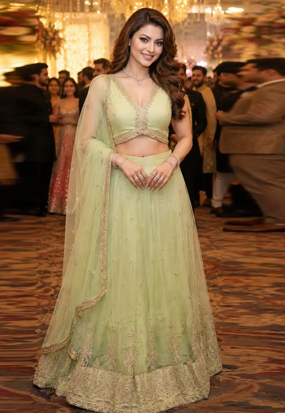 Urvashi Rautela Pista Green Net Lehenga Choli 329836