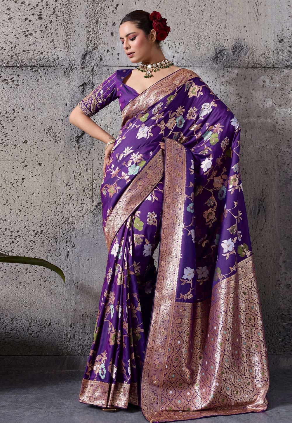 Violet Banarasi Silk Saree With Blouse 325401