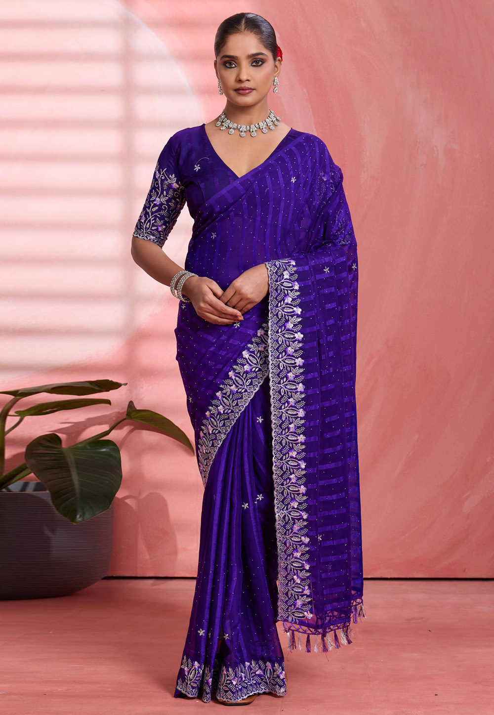 Violet Chiffon Saree With Blouse 326540