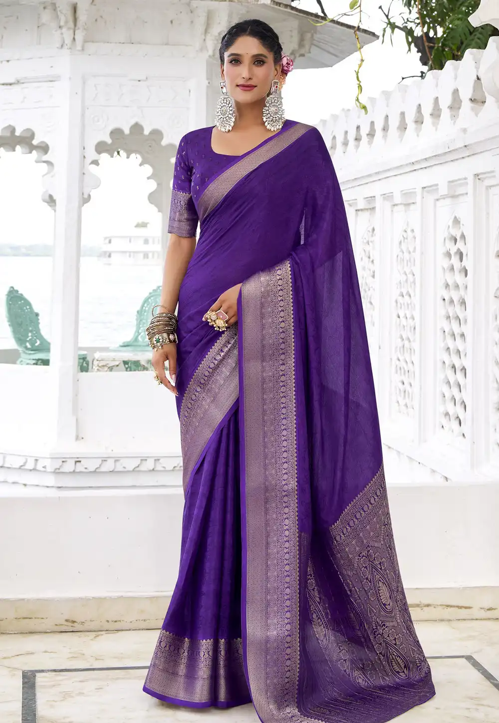Violet Chinon Saree With Blouse 321508