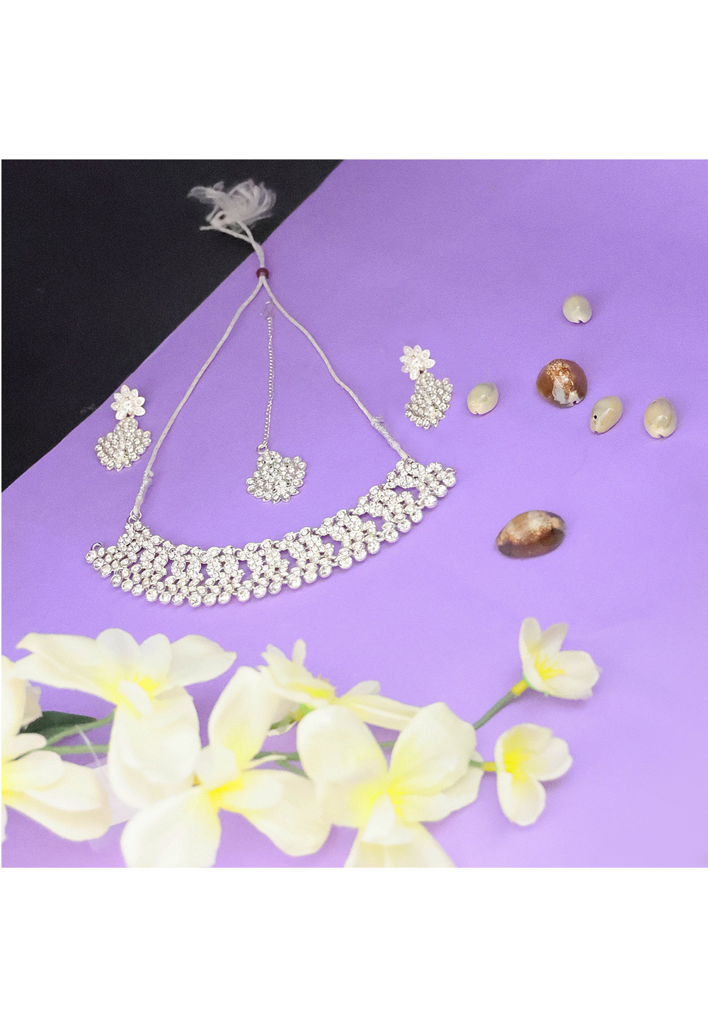 White Alloy Necklace Set With Earrings and Maang Tikka 285045