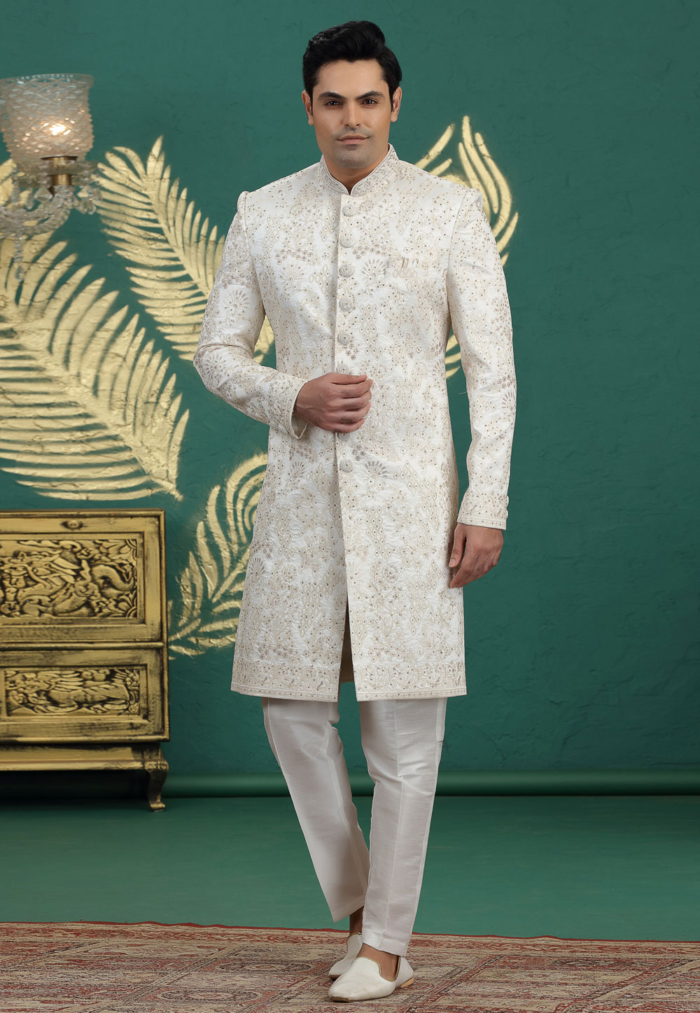 White Art Silk Achkan Style Sherwani 319017