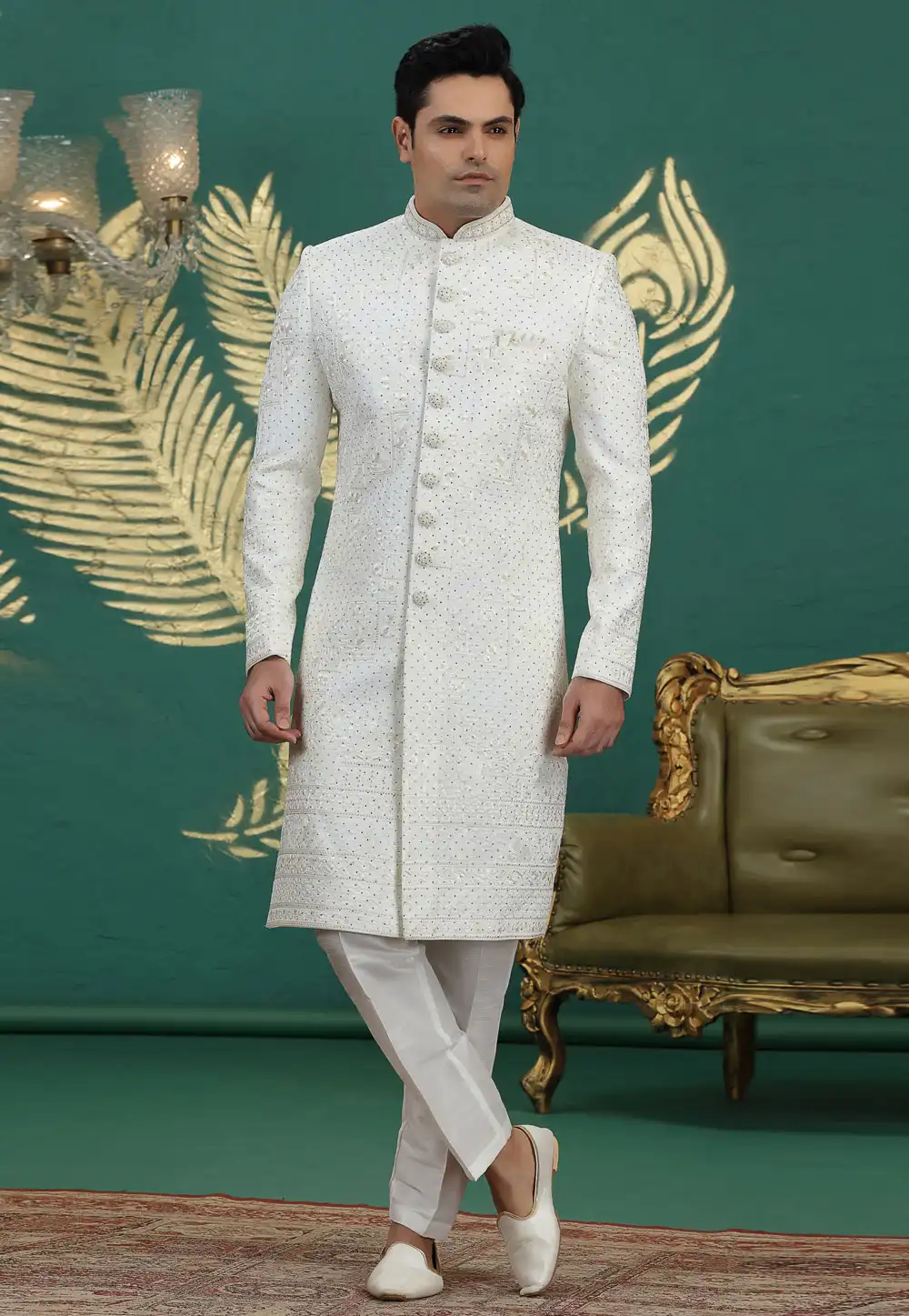 White Art Silk Achkan Style Sherwani 319018