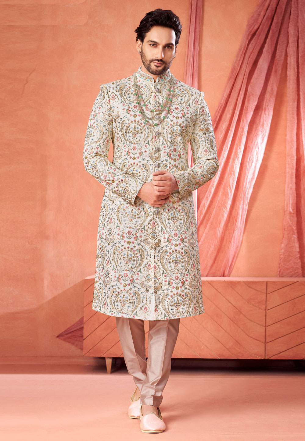 White Art Silk Achkan Style Sherwani 322489