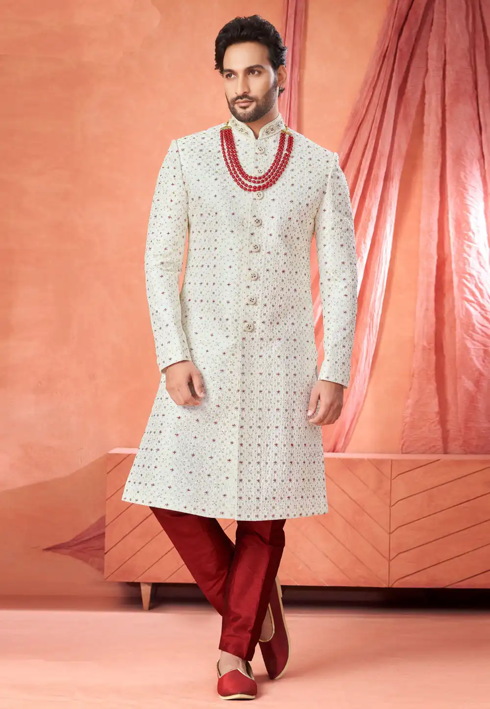White Art Silk Achkan Style Sherwani 322493