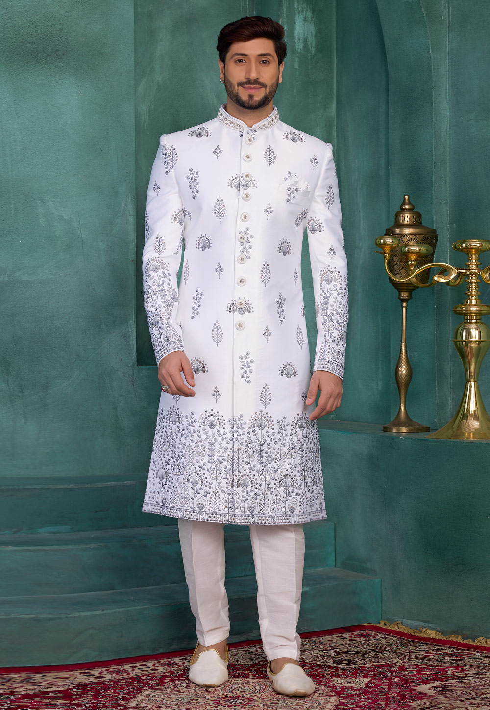 White Art Silk Achkan Style Sherwani 327043