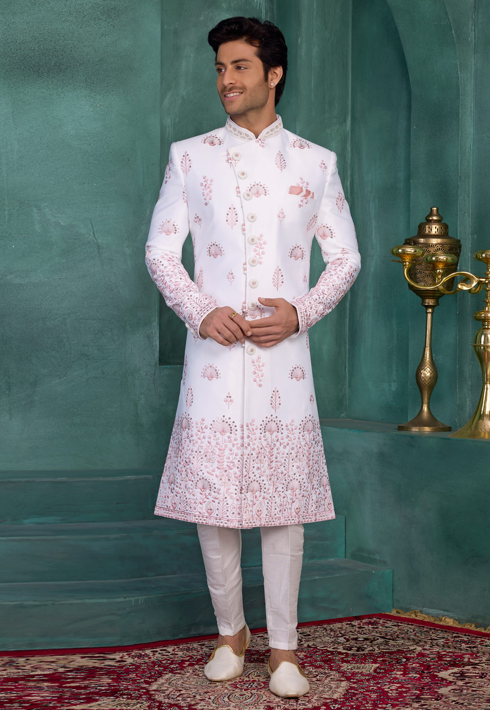White Art Silk Achkan Style Sherwani 327044