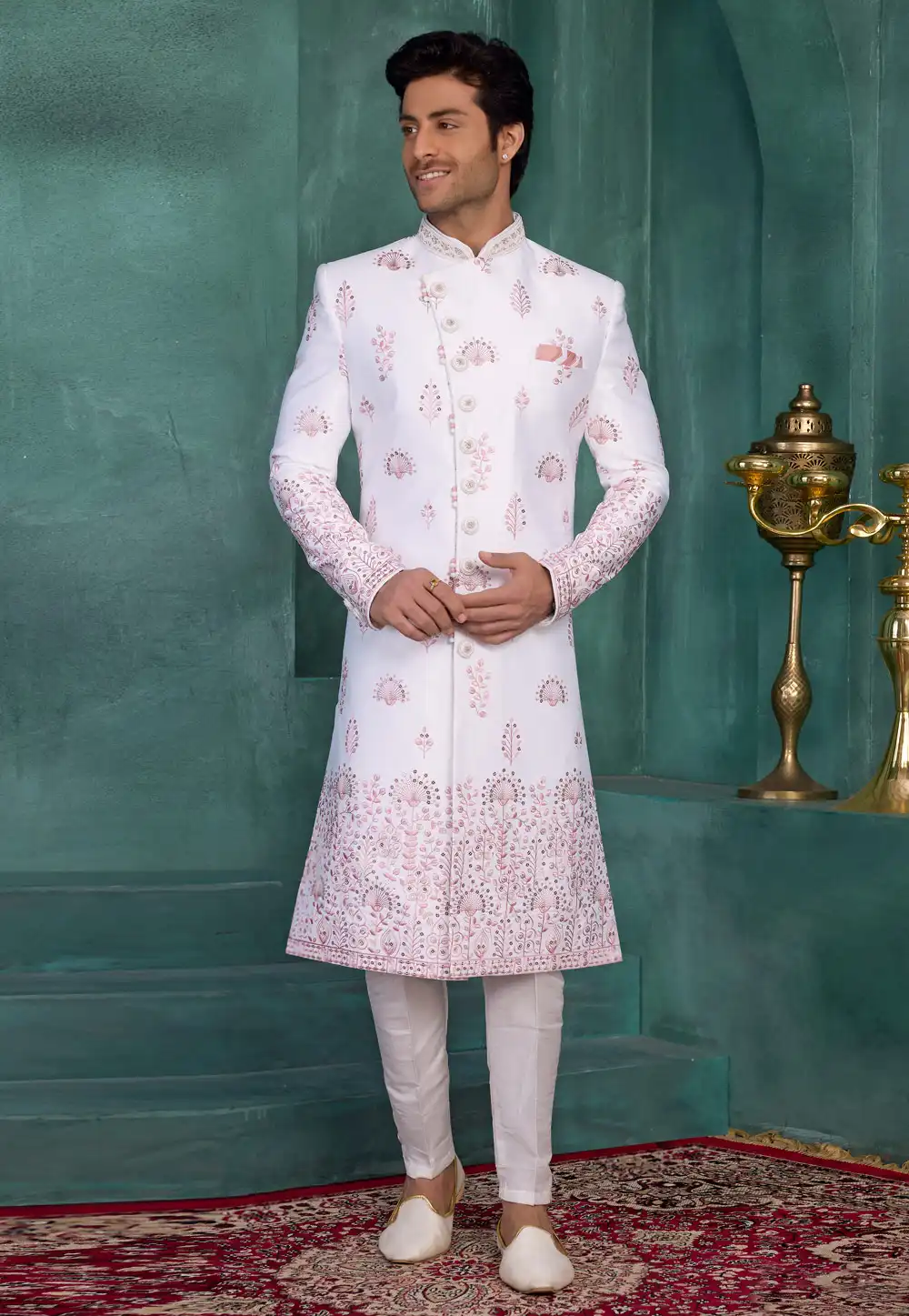 White Art Silk Achkan Style Sherwani 327044