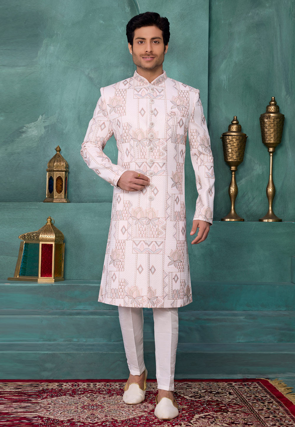White Art Silk Achkan Style Sherwani 327047