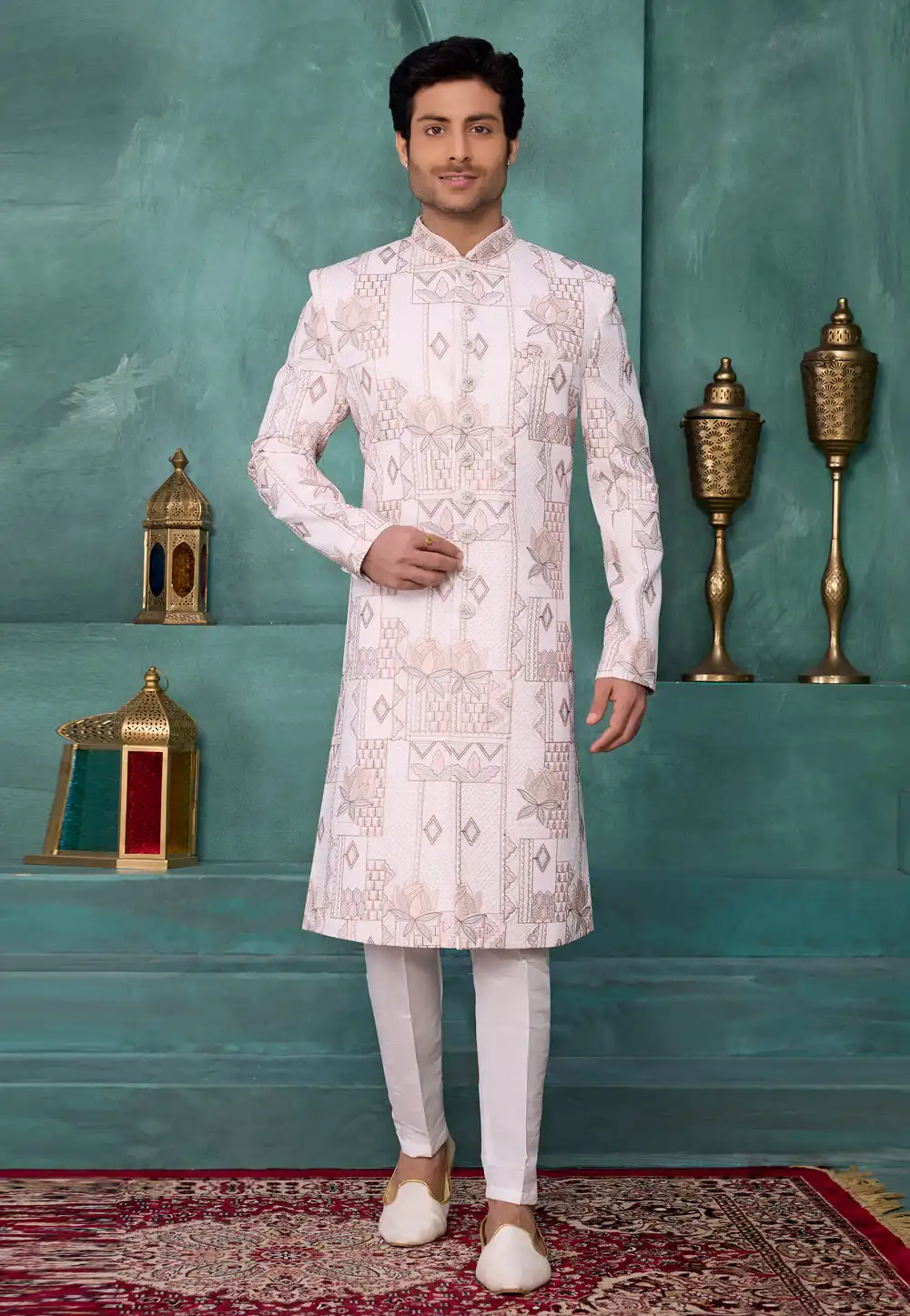 White Art Silk Achkan Style Sherwani 327047