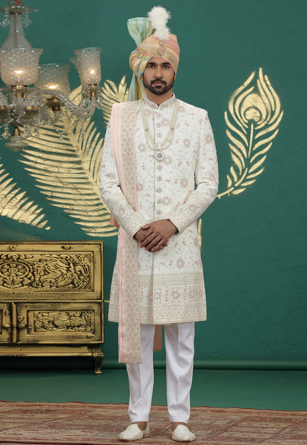 White Art Silk Achkan Style Sherwani With Dupatta 319002
