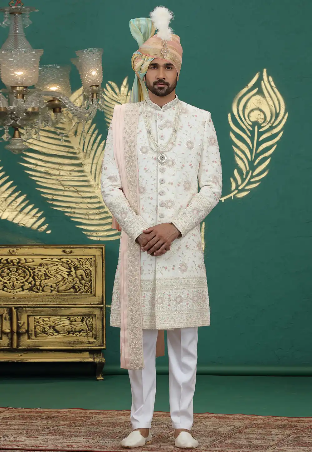 White Art Silk Achkan Style Sherwani With Dupatta 319002
