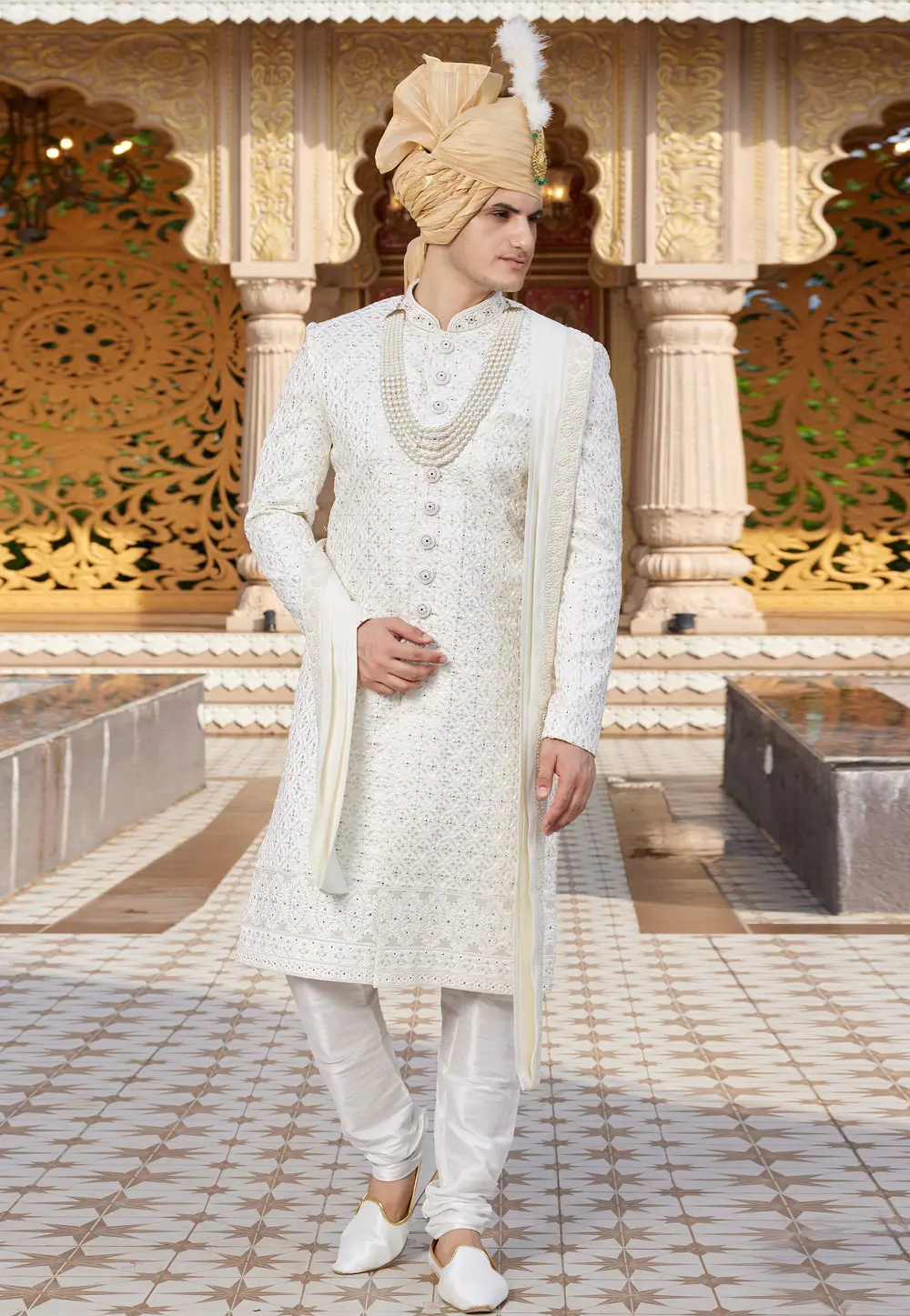 White Art Silk Achkan Style Sherwani With Stole 304318