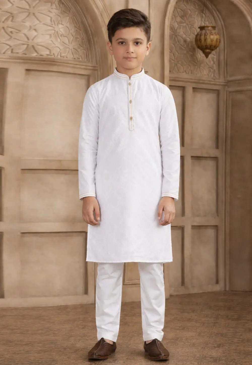 White Art Silk Boys Kurta Pajama 335773