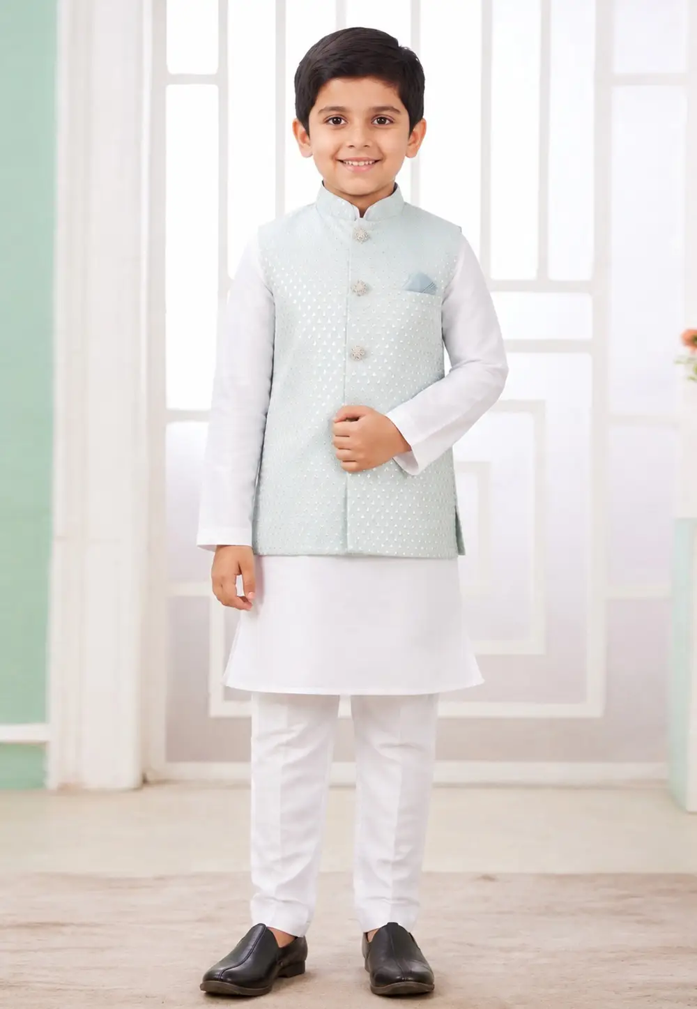 White Art Silk Boys Kurta Pajama With Jacket 335768