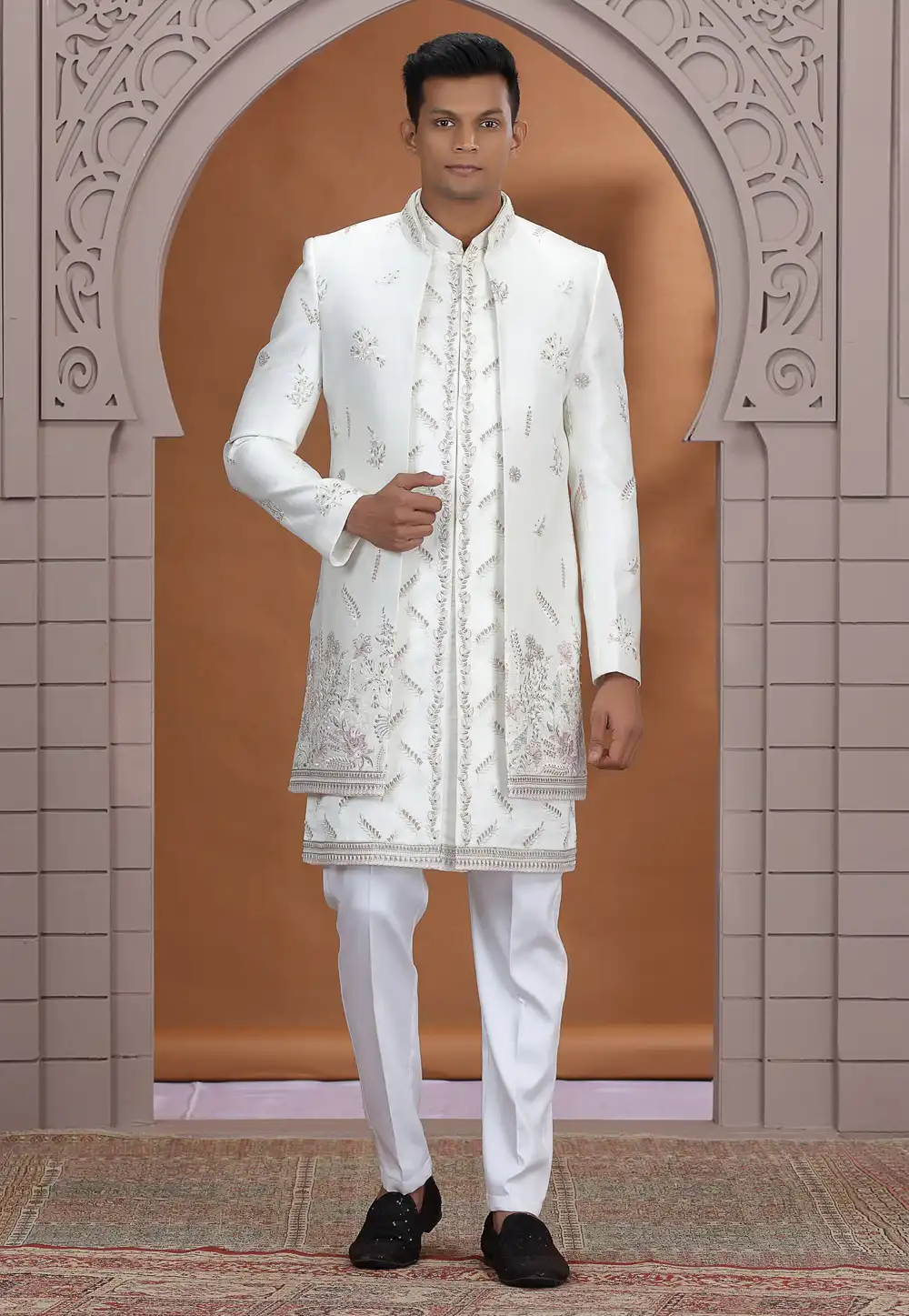 White Art Silk Indo Western Suit 319027