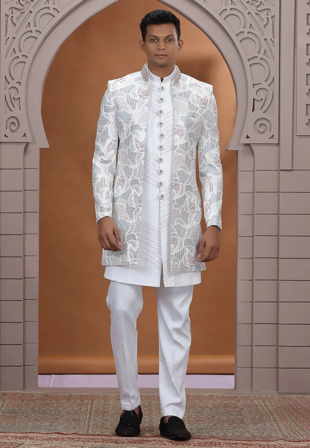 White Art Silk Indo Western Suit 319032