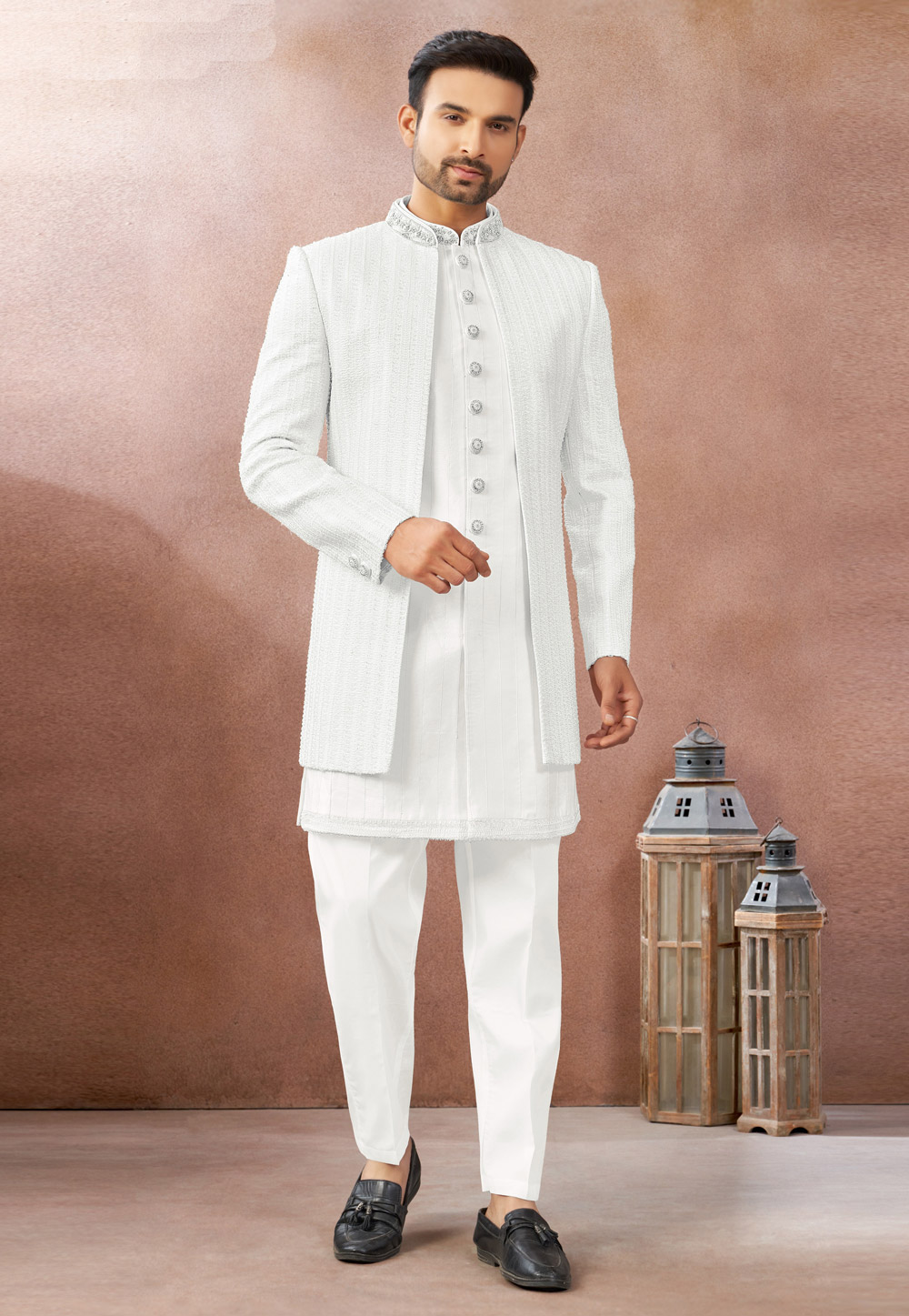 White Art Silk Indo Western Suit 325610