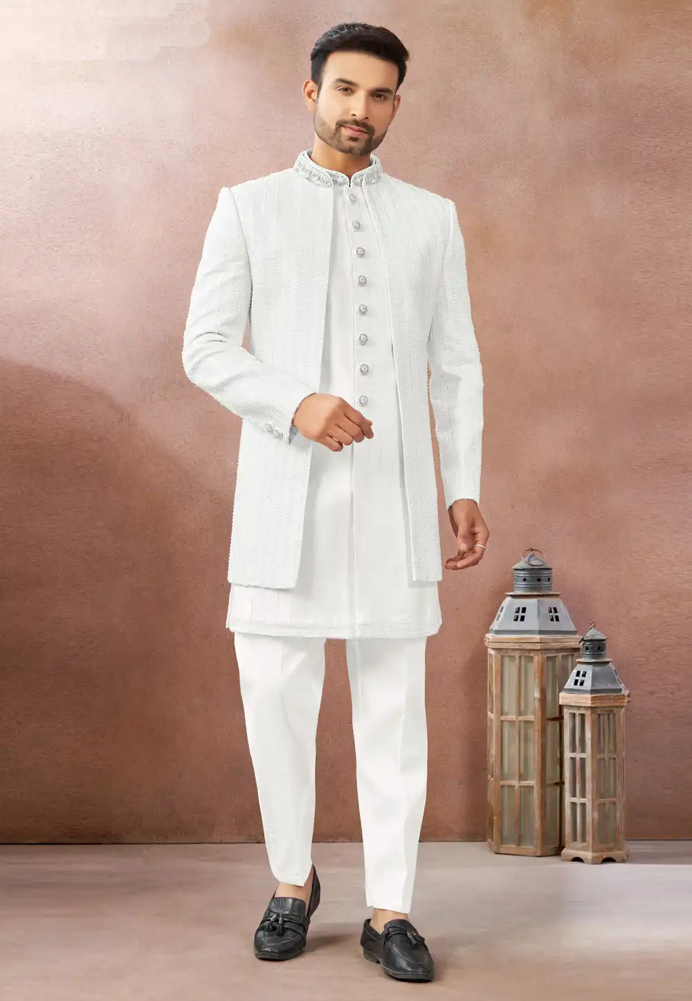 White Art Silk Indo Western Suit 325610
