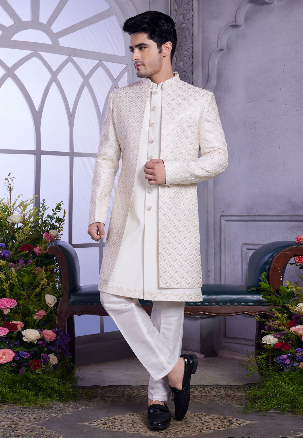 White Art Silk Jacket Style Sherwani 308587