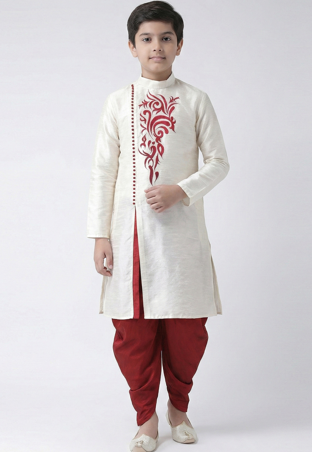 White Art Silk Kids Dhoti Kurta 324575