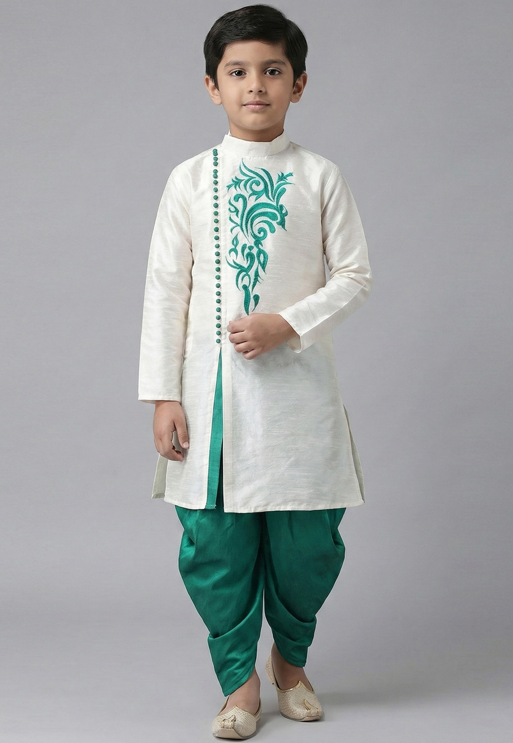 White Art Silk Kids Dhoti Kurta 324582