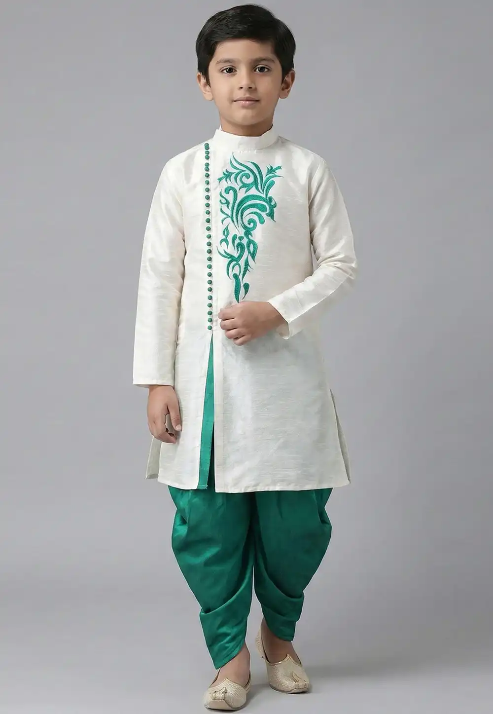 White Art Silk Kids Dhoti Kurta 324582