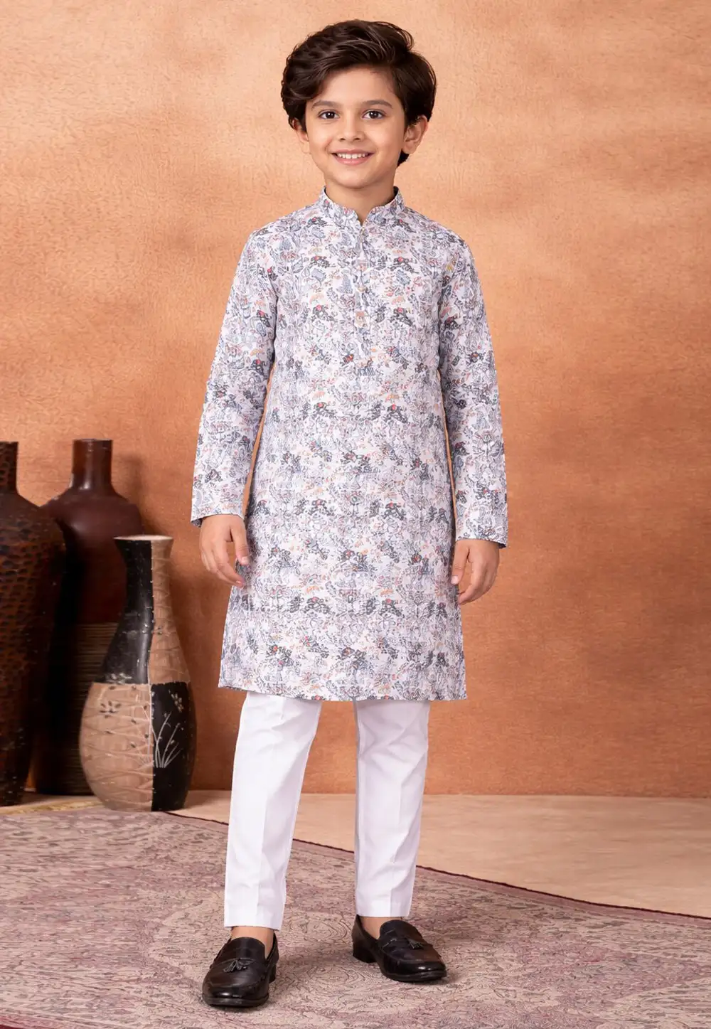White Art Silk Kids Kurta Pajama 330800
