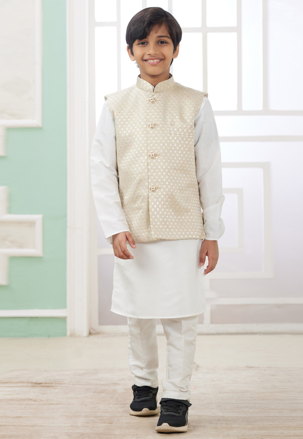 White Art Silk Kids Kurta Pajama With Jacket 308581