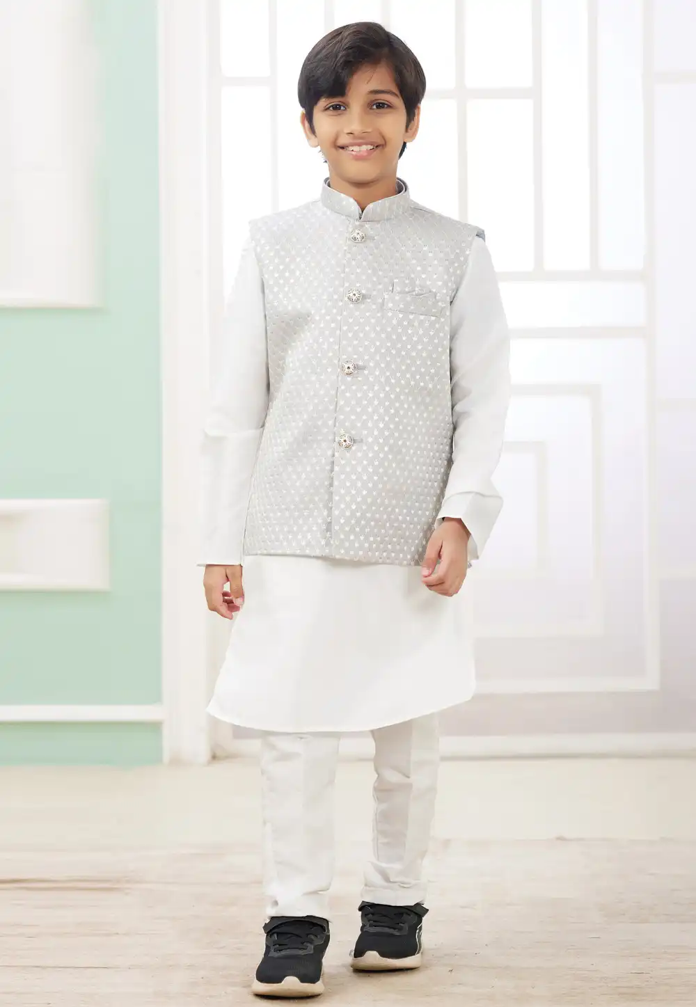 White Art Silk Kids Kurta Pajama With Jacket 308582