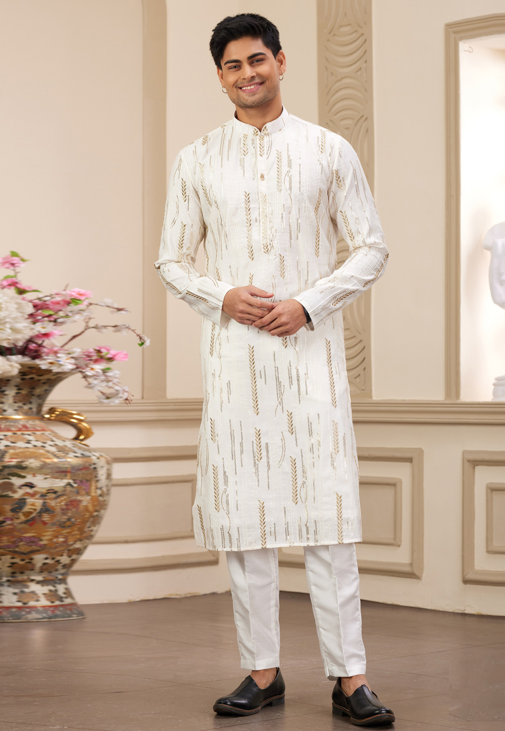 White Art Silk Kurta Pajama 308559