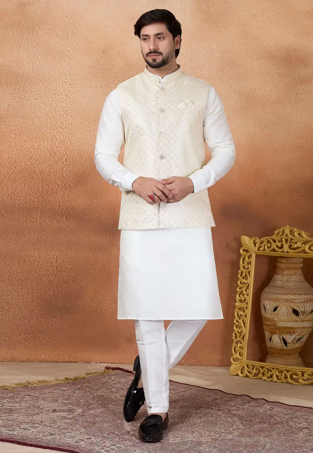 White Art Silk Kurta Pajama With Jacket 323381