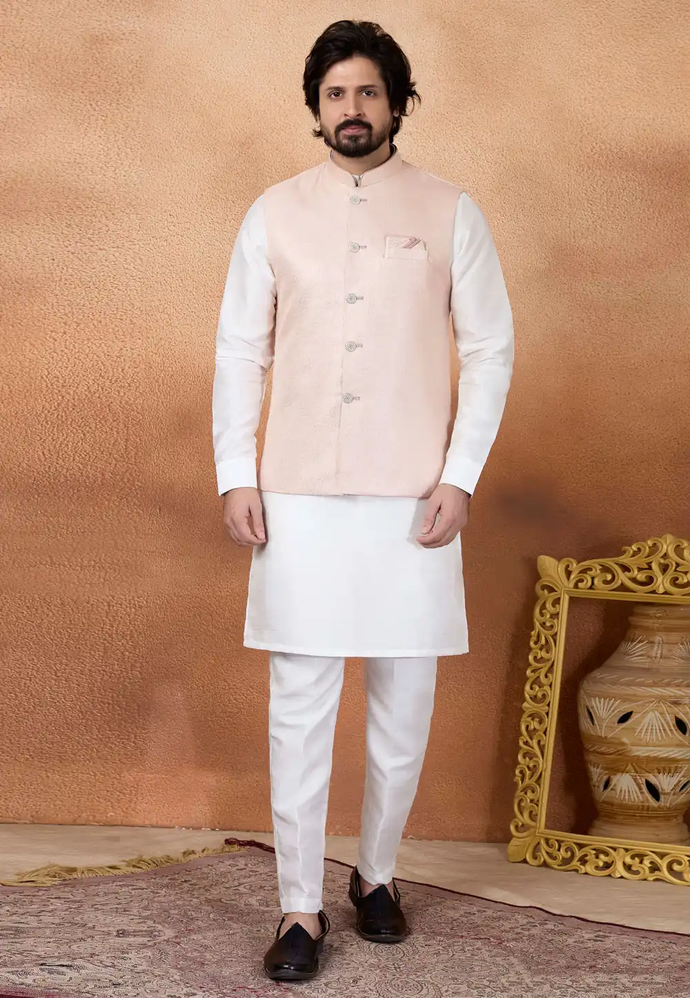 White Art Silk Kurta Pajama With Jacket 323382