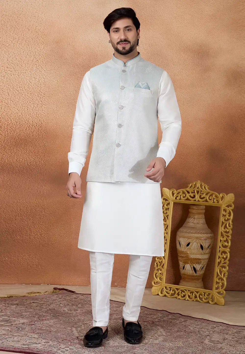 White Art Silk Kurta Pajama With Jacket 323383