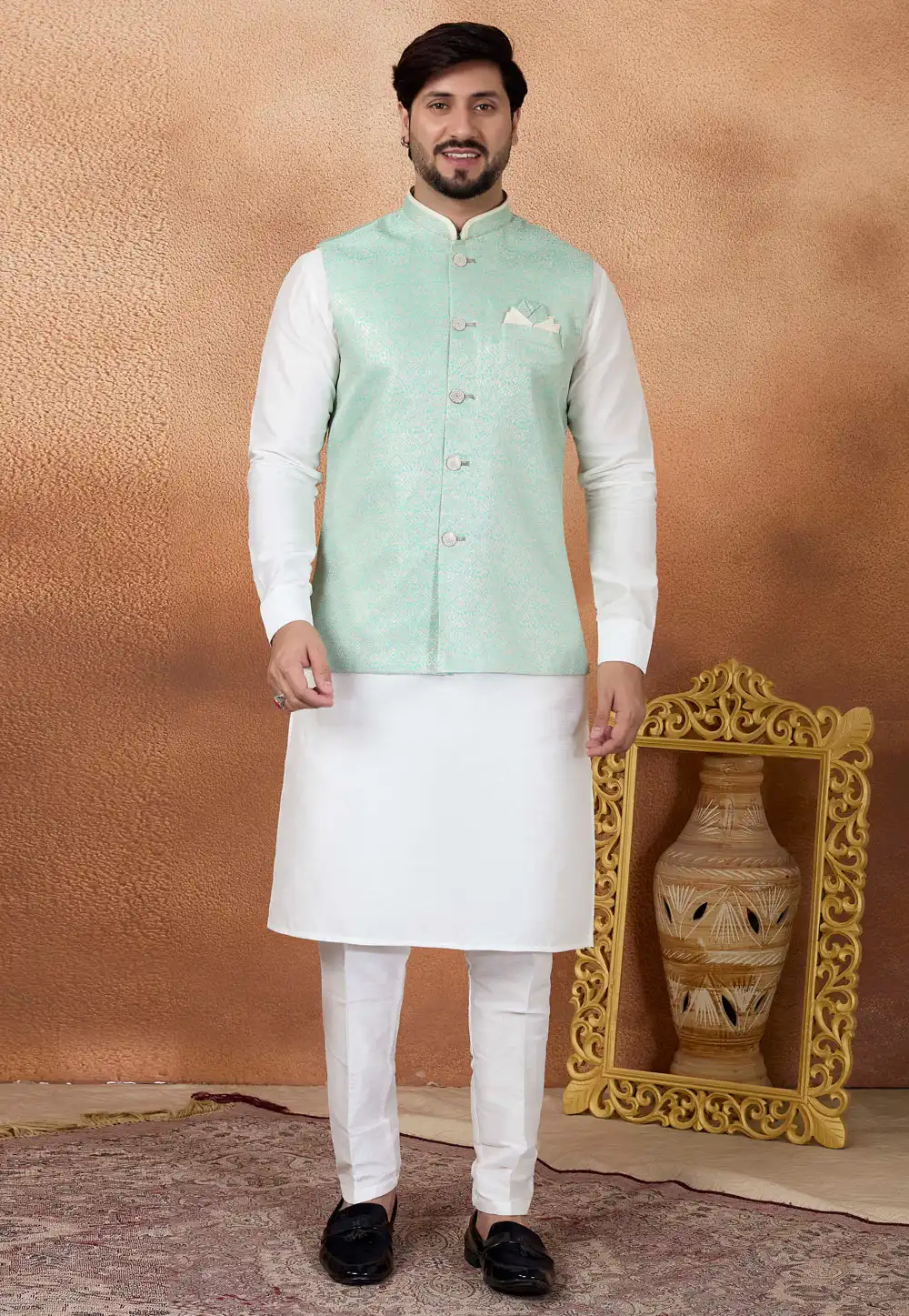 White Art Silk Kurta Pajama With Jacket 323384