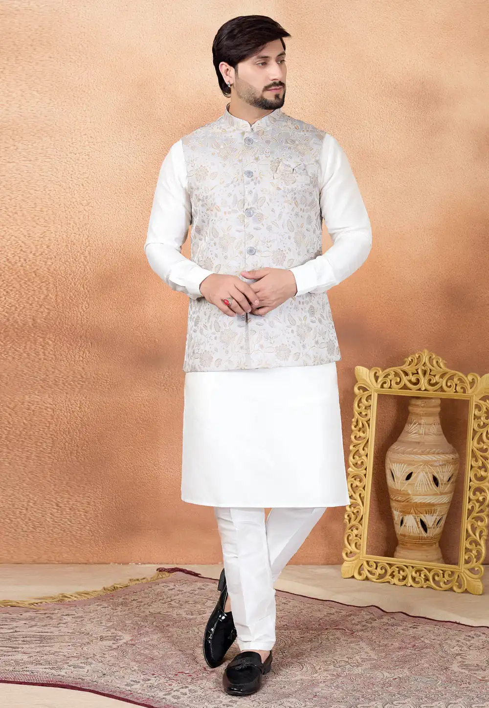White Art Silk Kurta Pajama With Jacket 323385