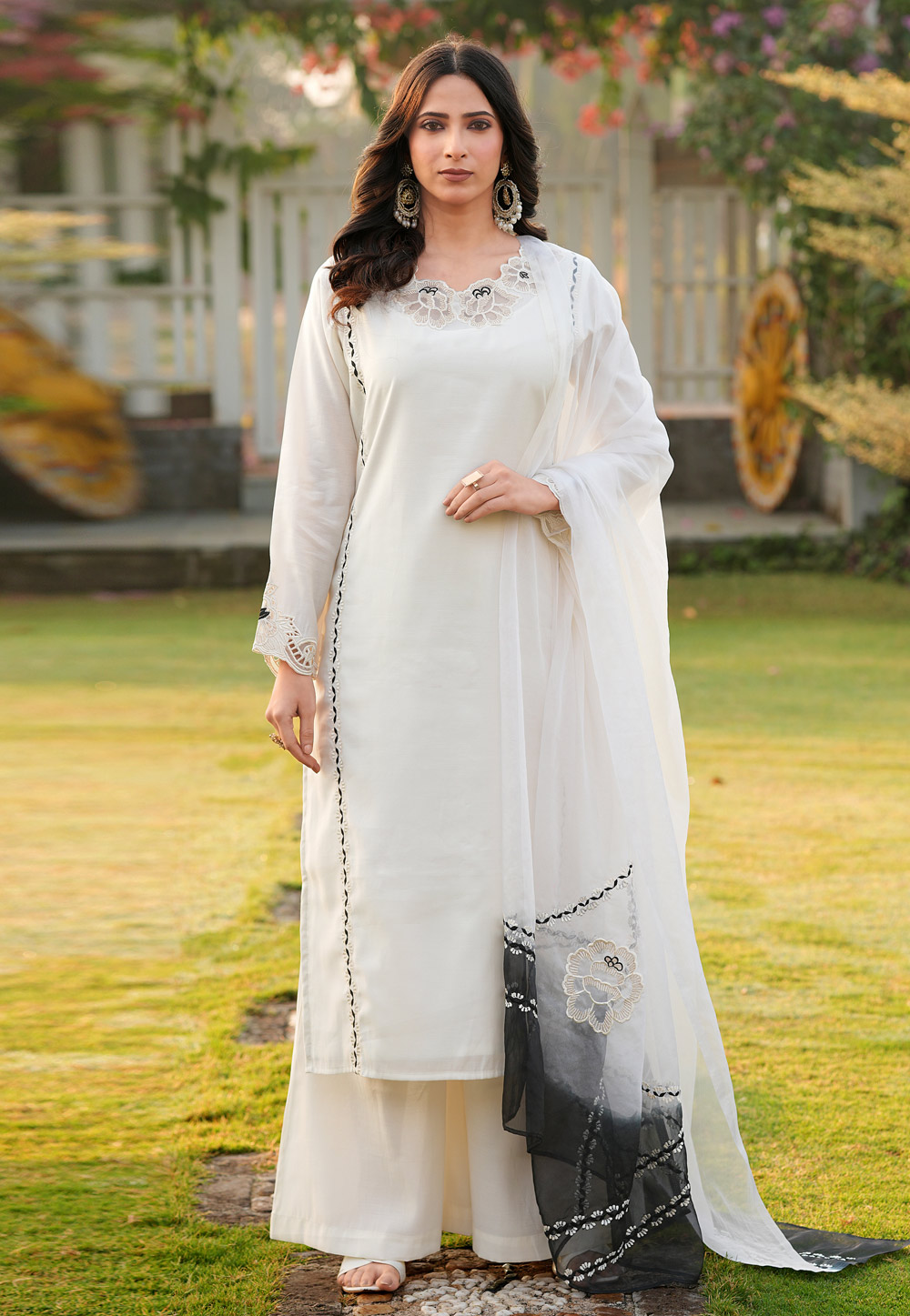 White Art Silk Readymade Palazzo Suit 325044