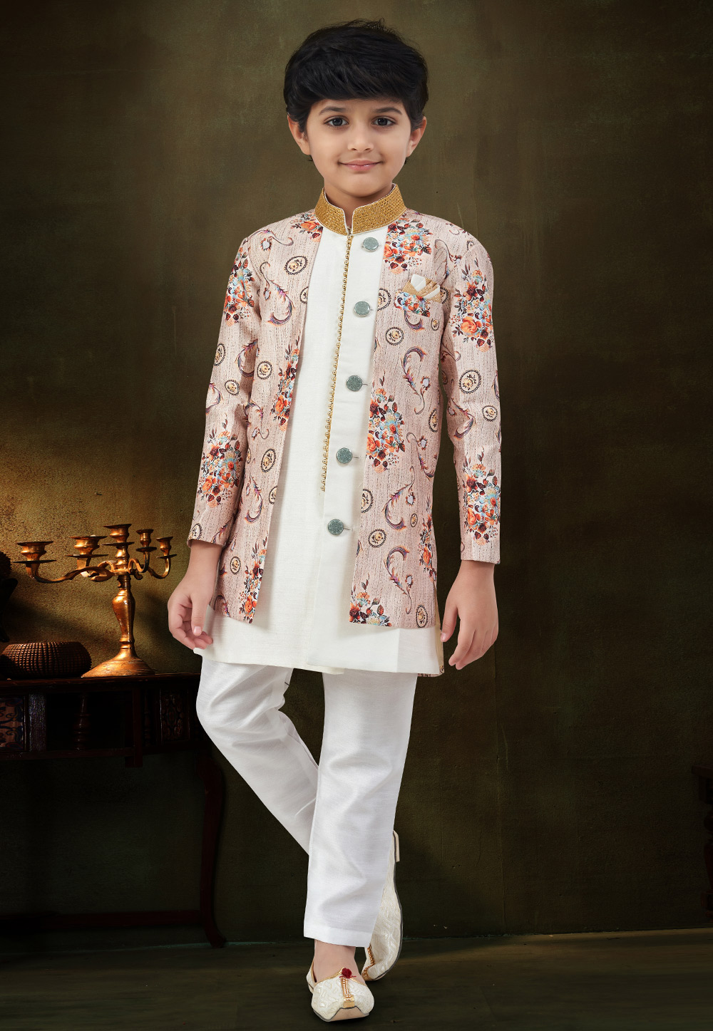 White Banarasi Jacquard Kids Indo Western Suit 324276