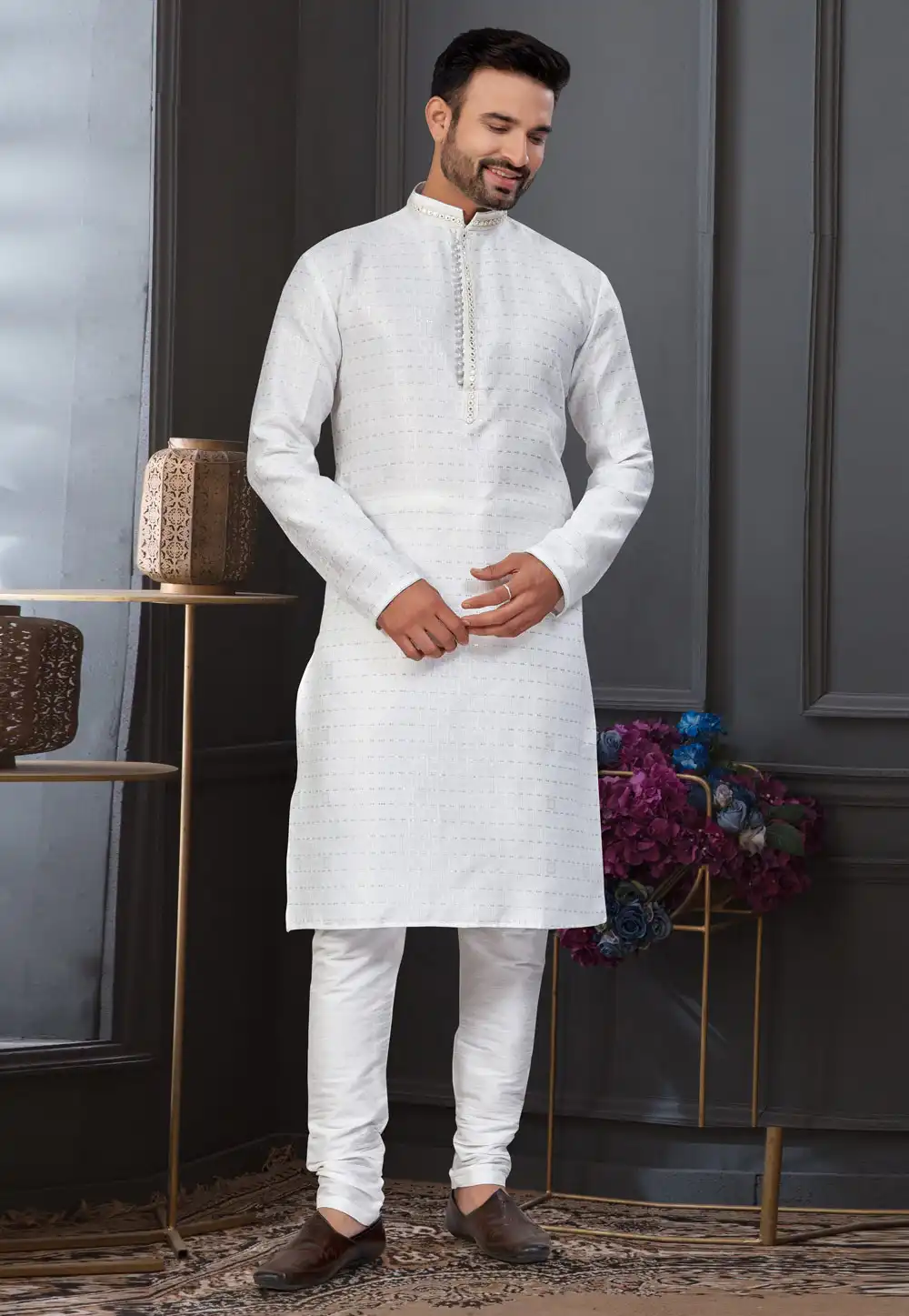 White Banarasi Jacquard Kurta Pajama 317856